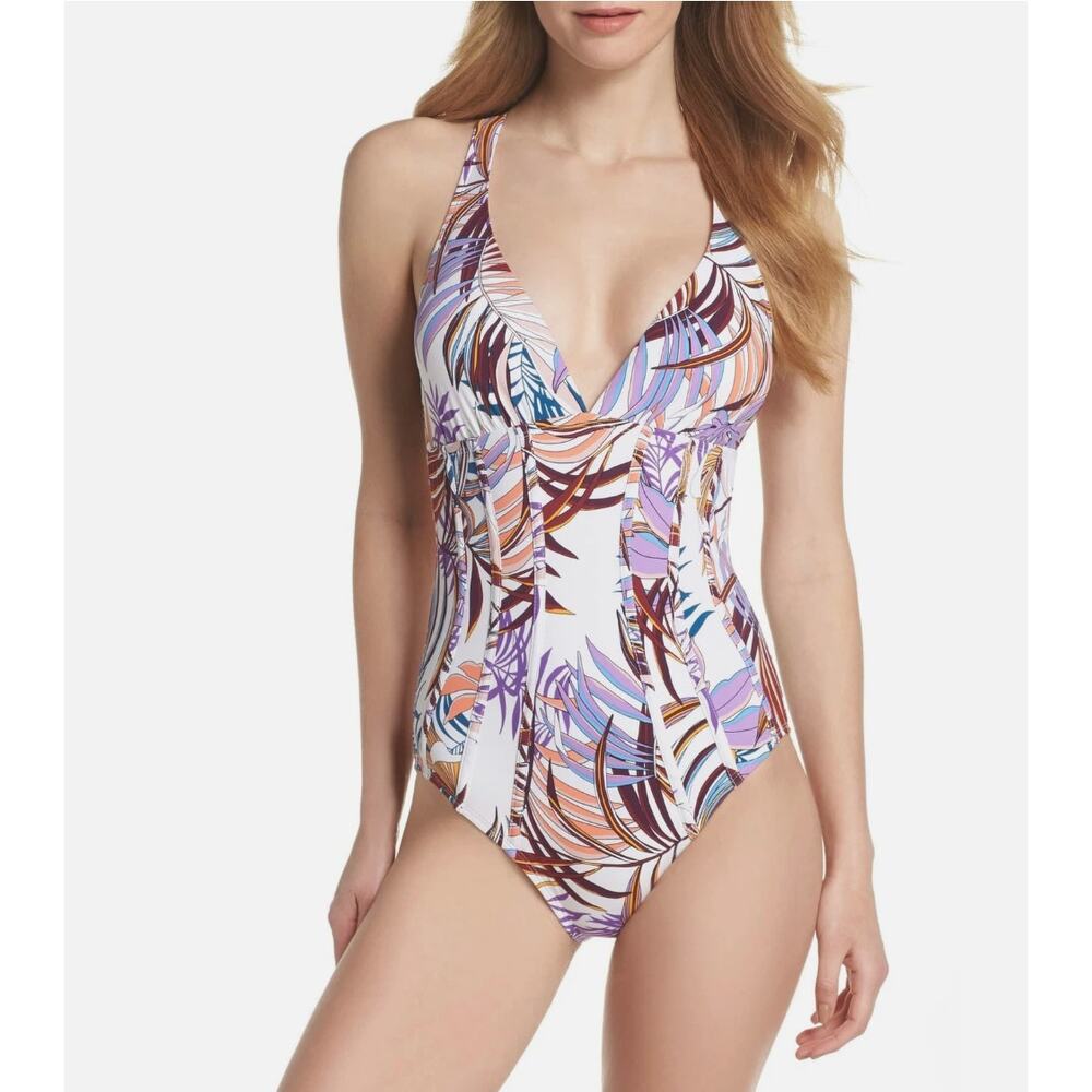 La Blanca Botanical Garden Cross Back One Piece Swimsuit Medium Ivory Multi